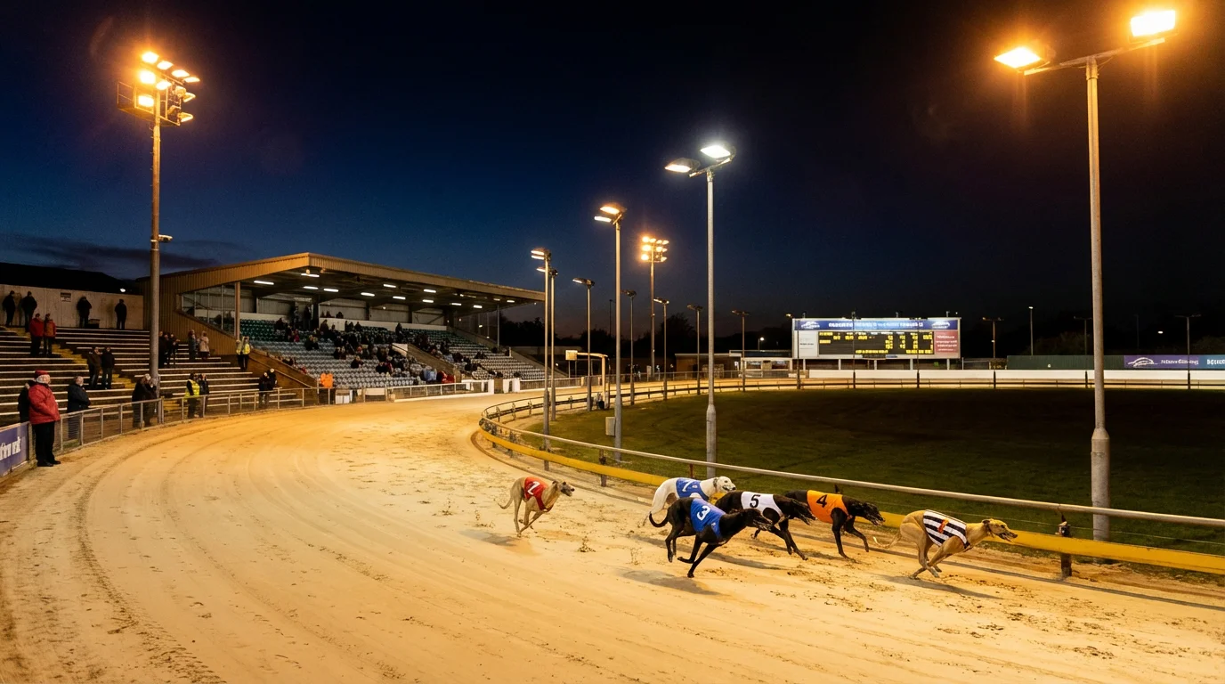 Crayford greyhound stadium under floodlights during an evening race meeting