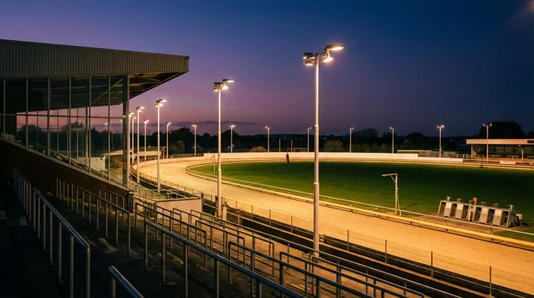 Crayford greyhound stadium under floodlights on a race evening