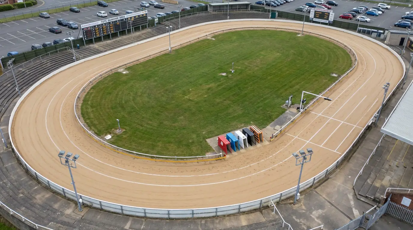 Aerial view of a sand greyhound racing track with right-handed bends and starting traps