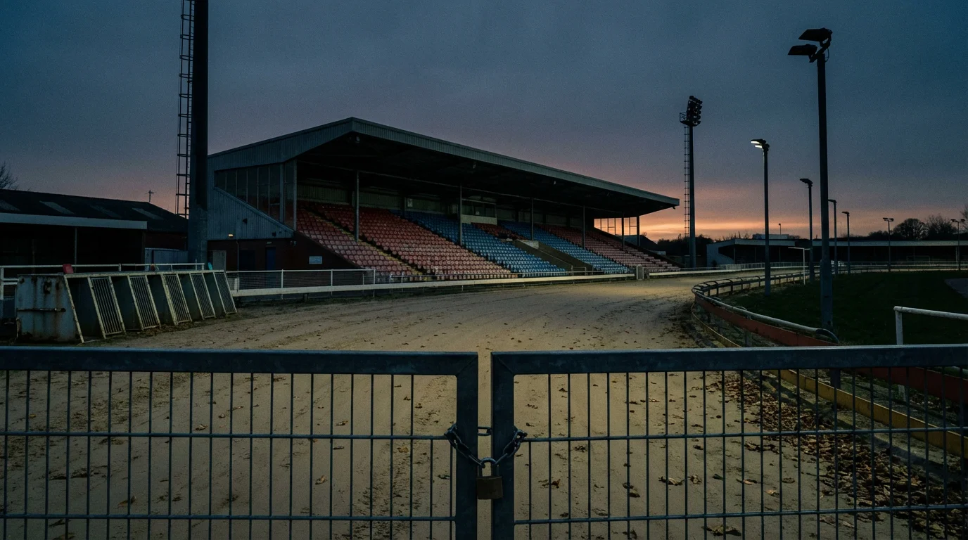Empty greyhound racing stadium with vacant stands and an unused sand track at dusk