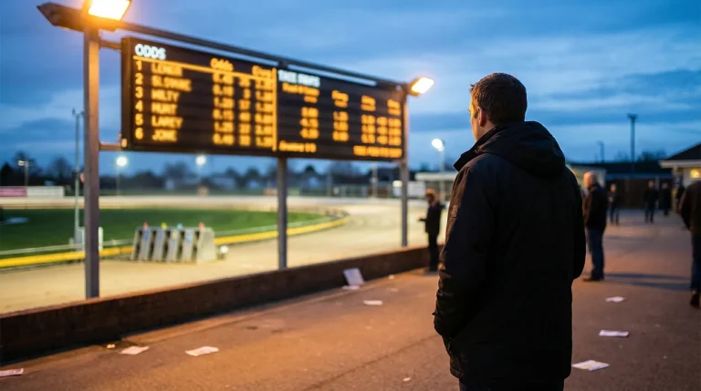 Punter studying greyhound racing odds on a betting board at a UK dog track