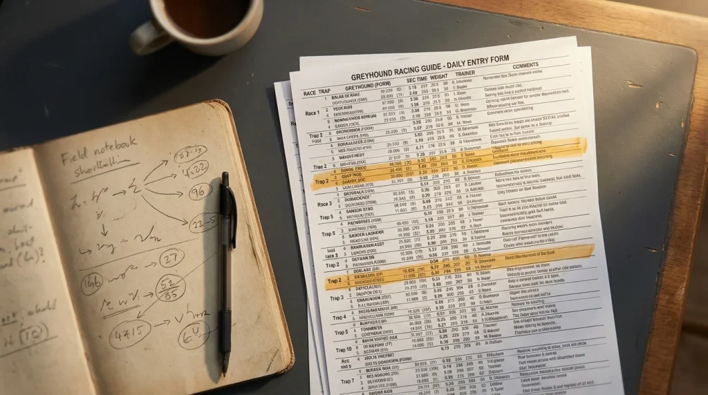 Greyhound racing form sheet with trap statistics and sectional times highlighted