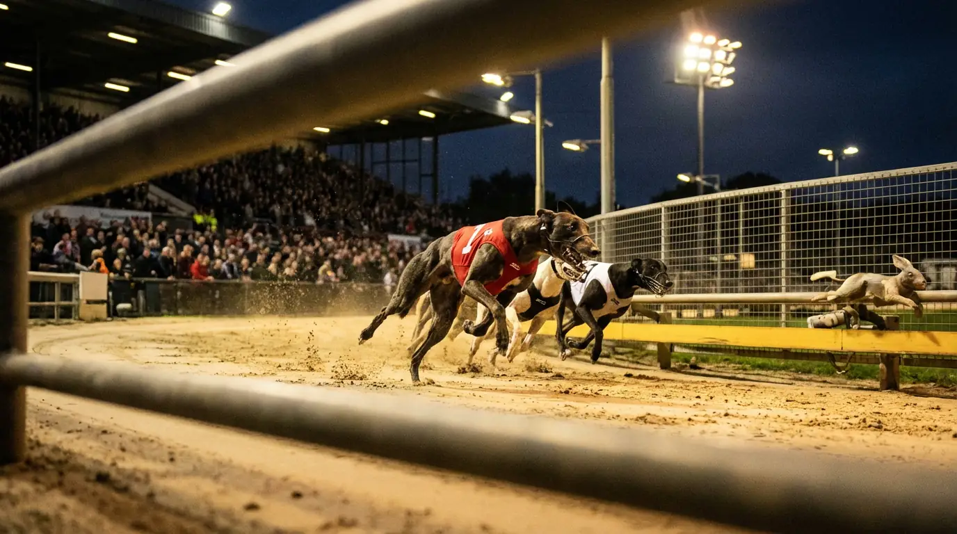 Greyhounds racing towards the finish line under stadium floodlights during an evening competition
