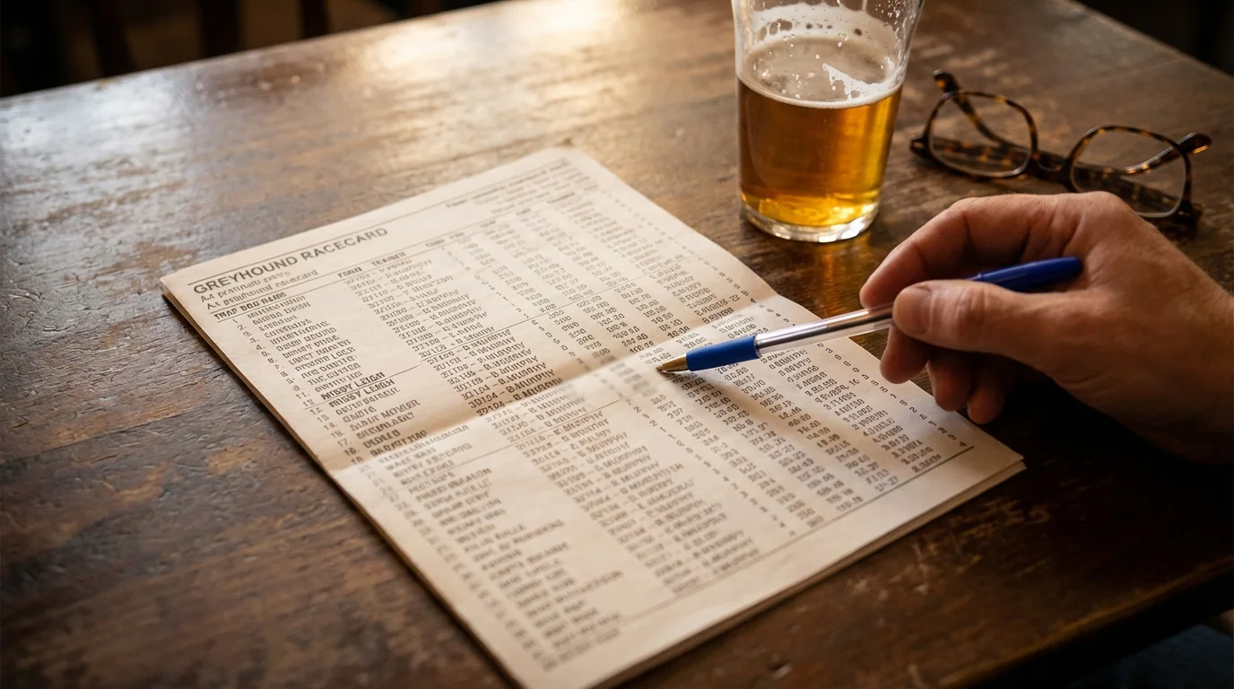 Close-up of a greyhound racecard showing form figures, trap numbers and sectional times