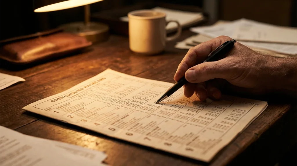 Greyhound racecard with form figures and split times on a desk at a UK dog racing track