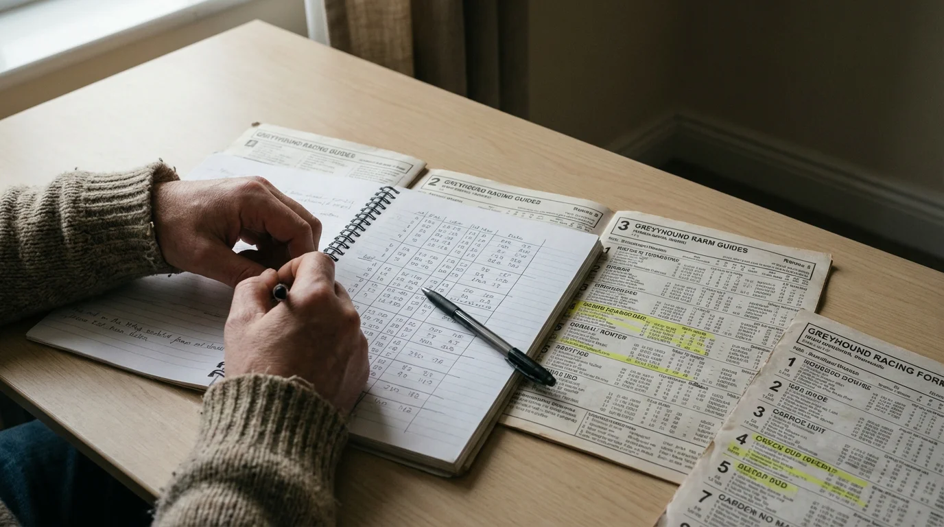 Person studying greyhound racing form with a notebook and printed racecard on a desk